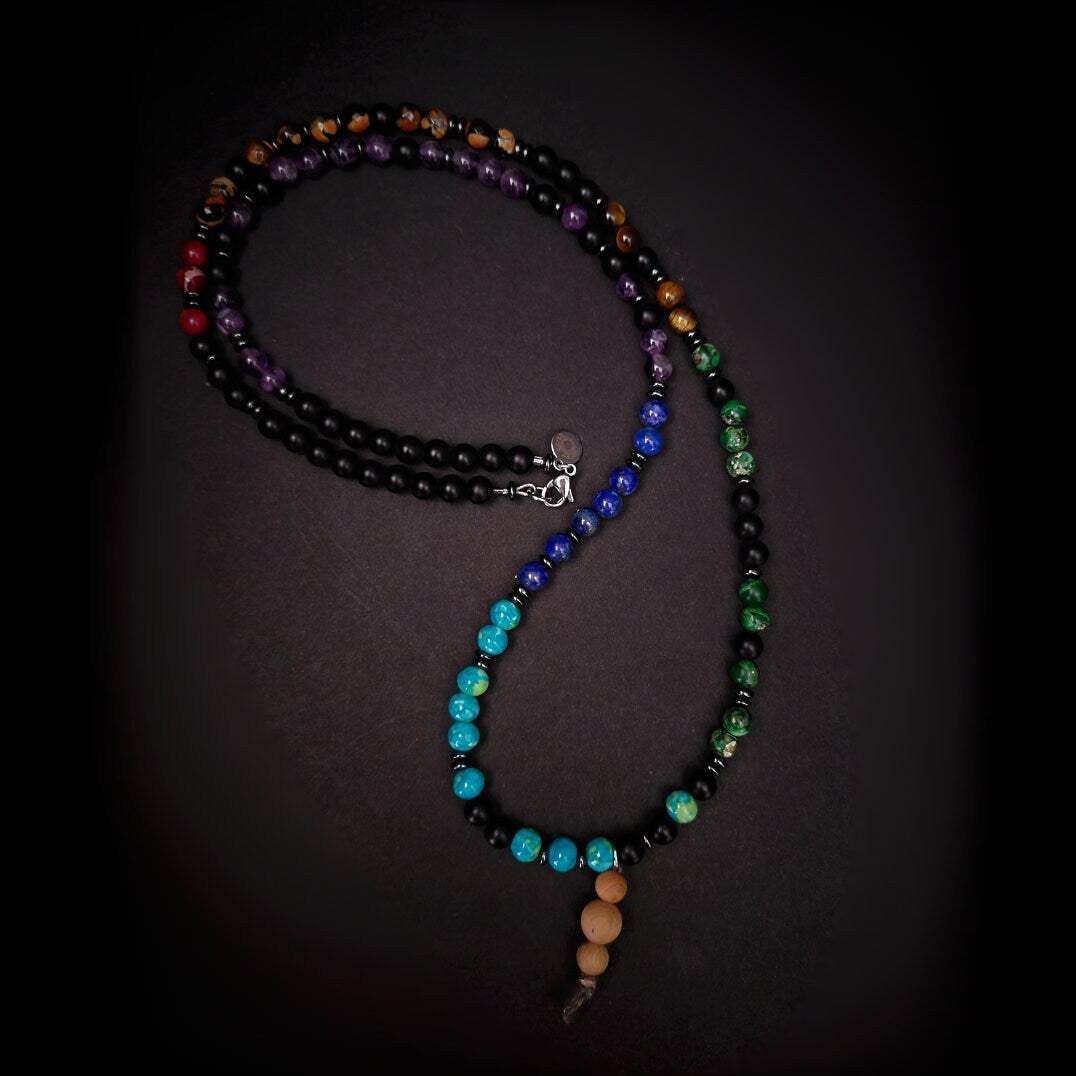 7 Chakras 108 Bead Mala Necklace with Cedar Pendant