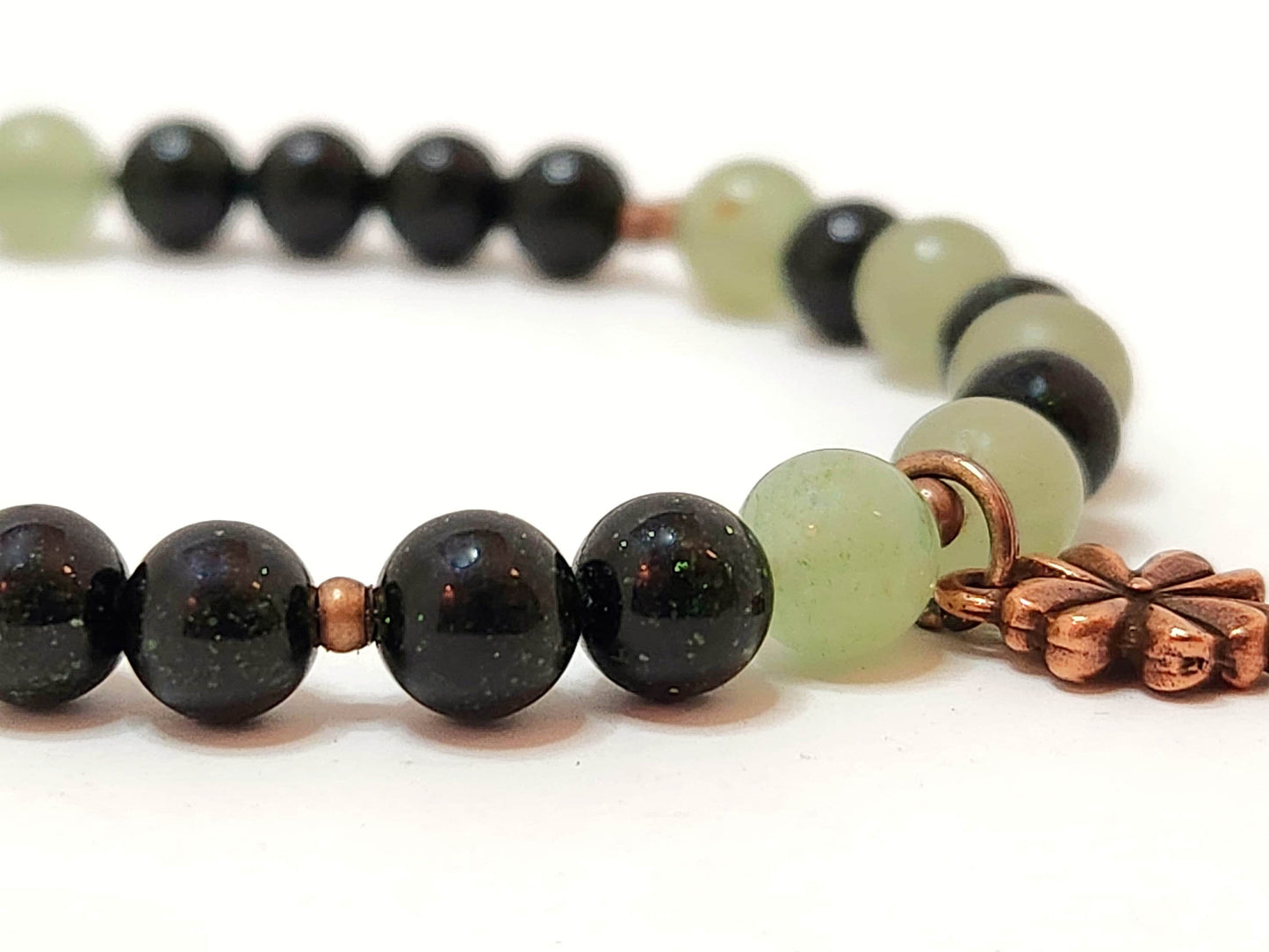 "Luck" | Green Sandstone & Aventurine Steel Bracelet with Copper Four Leaf Clover