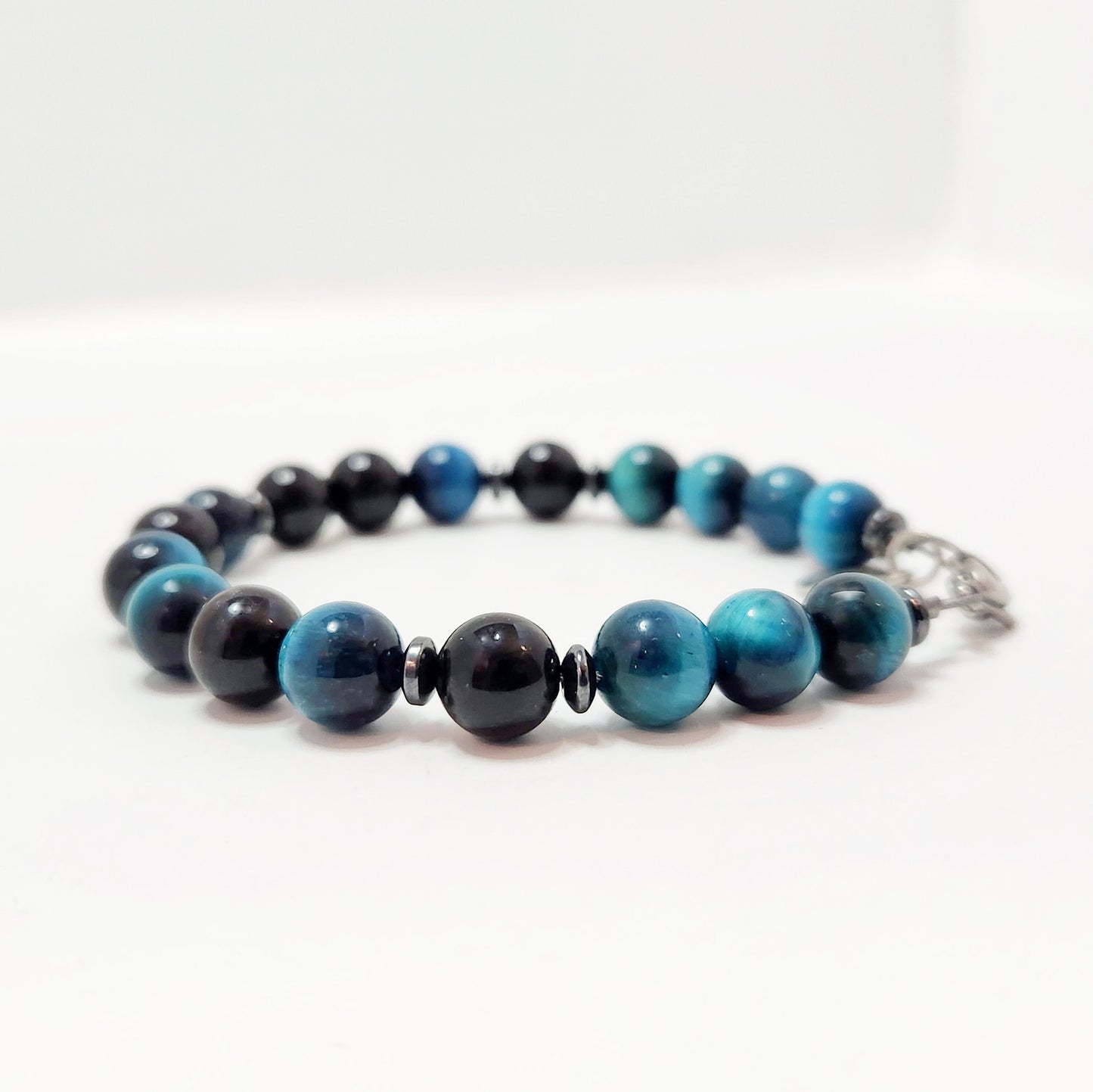 Azure Tiger's Eye and Black Tourmaline Steel Bracelet