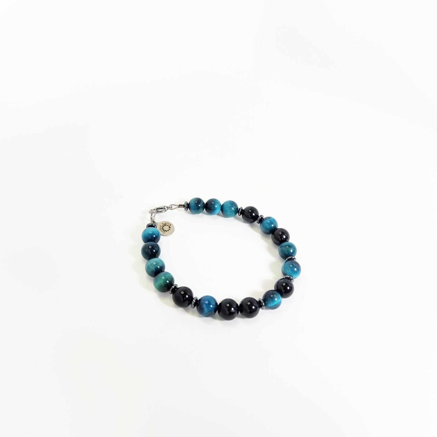 Azure Tiger's Eye and Black Tourmaline Steel Bracelet