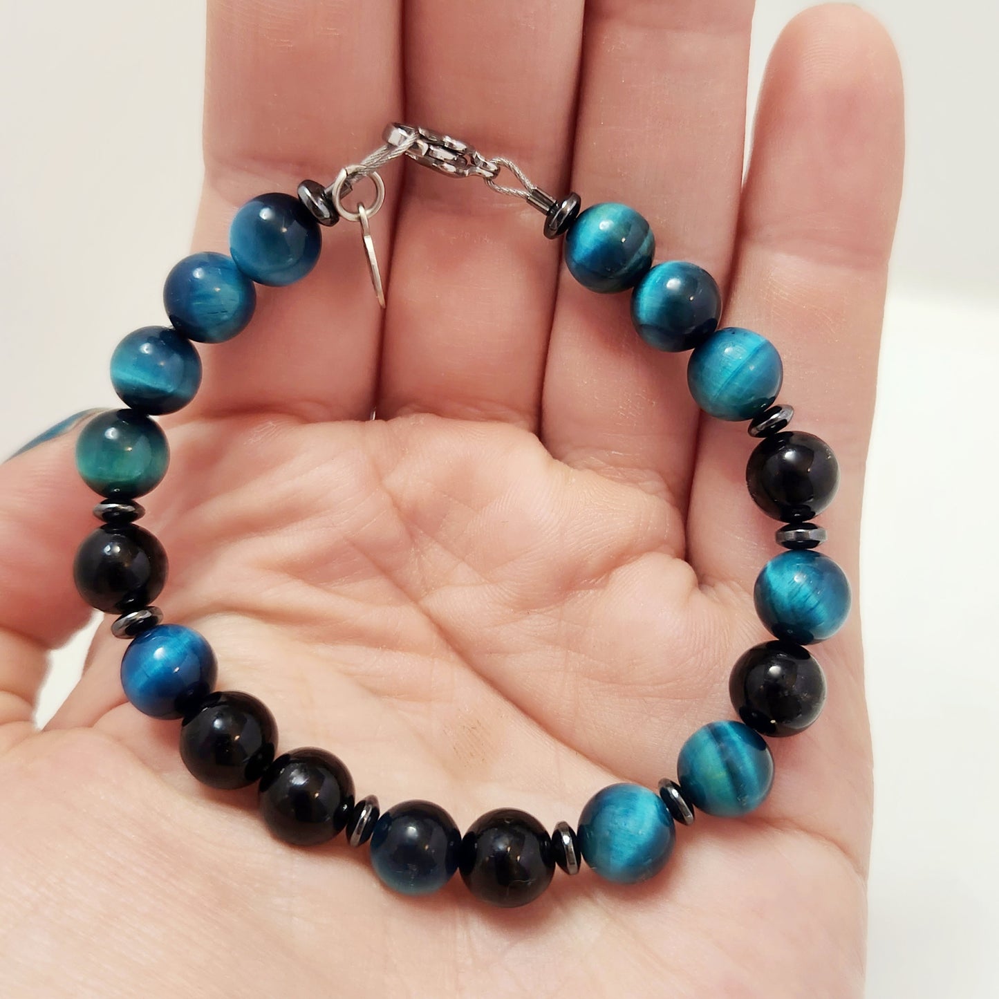 Azure Tiger's Eye and Black Tourmaline Steel Bracelet