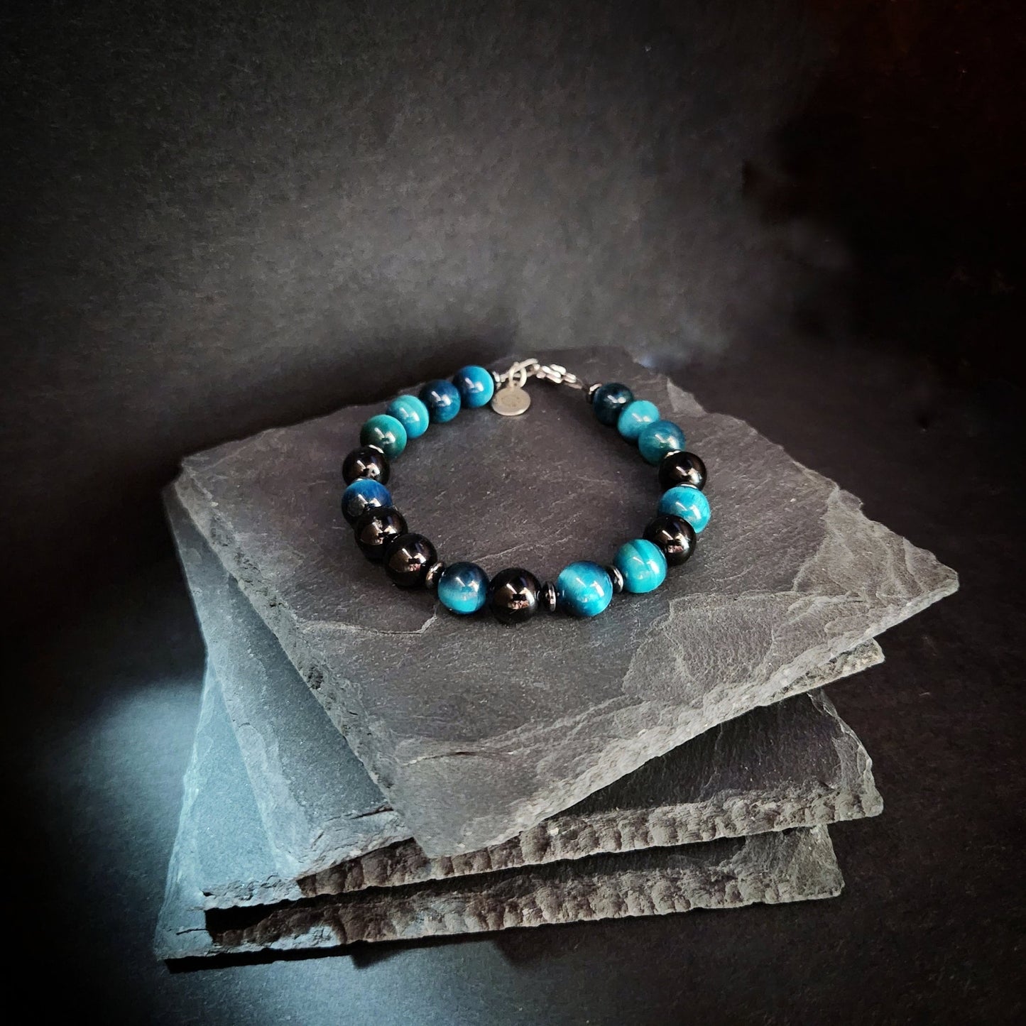 Azure Tiger's Eye and Black Tourmaline Steel Bracelet