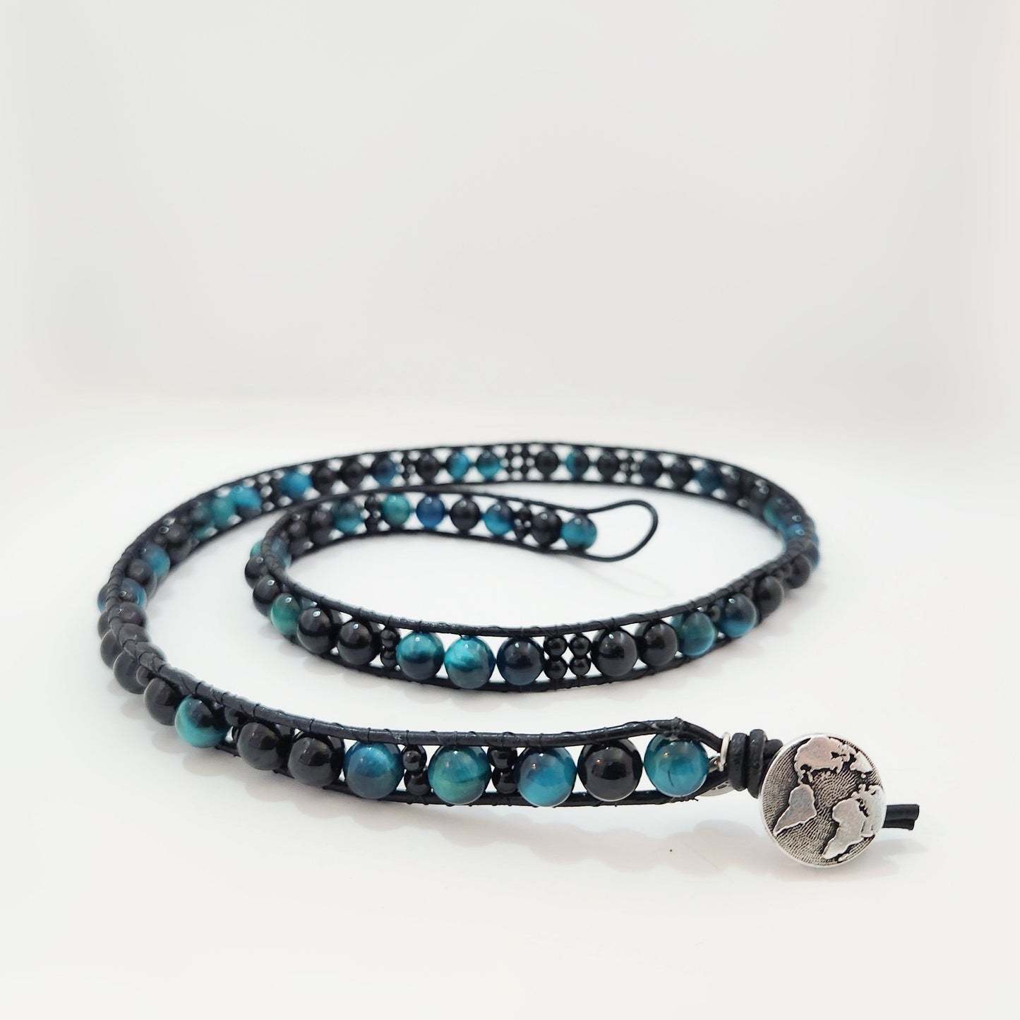 Azure Tiger's Eye & Black Tourmaline Leather Wrap Bracelet