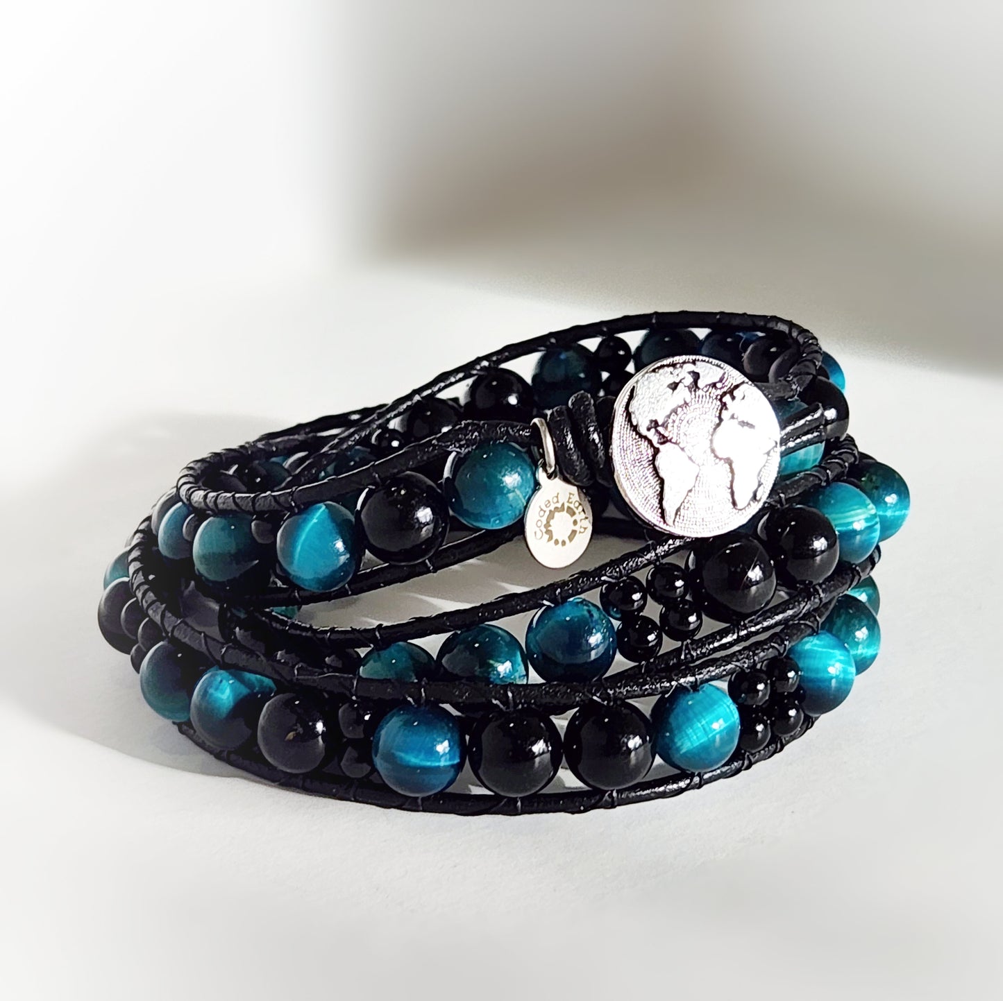 Azure Tiger's Eye & Black Tourmaline Leather Wrap Bracelet