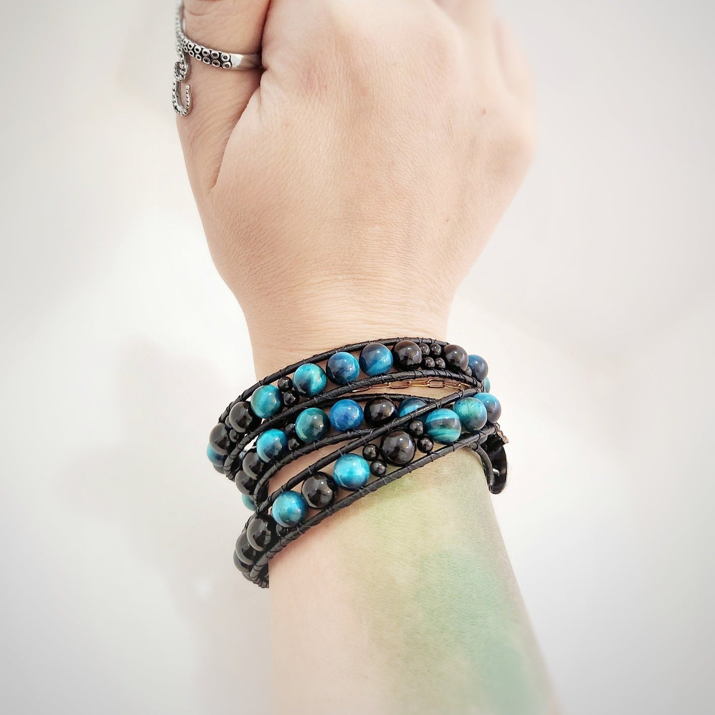 Azure Tiger's Eye & Black Tourmaline Leather Wrap Bracelet