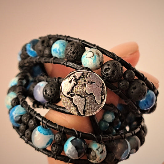 Blue Fire Agate & Lava Black Leather Wrap Bracelet