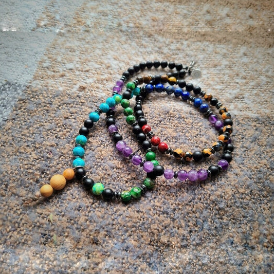 7 Chakras 108 Bead Mala Necklace with Cedar Pendant