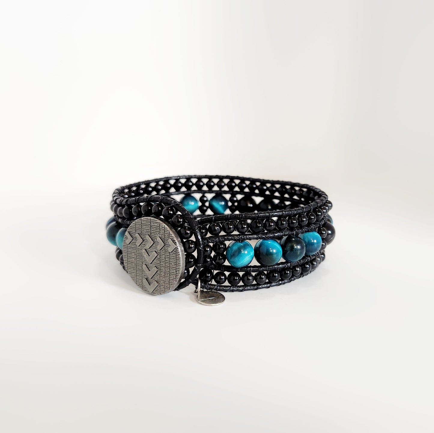 Azure Tiger's Eye & Tourmaline Black Leather Cuff Bracelet