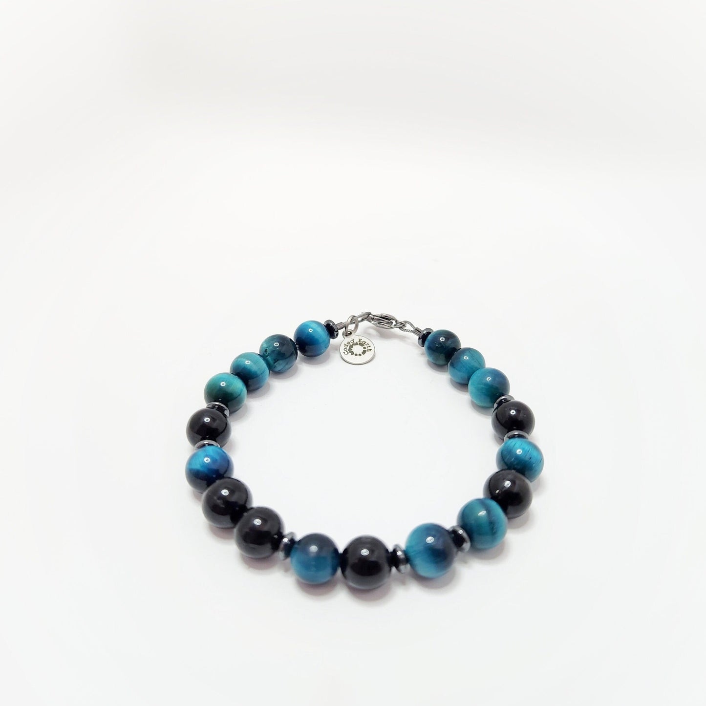 Azure Tiger's Eye and Black Tourmaline Steel Bracelet