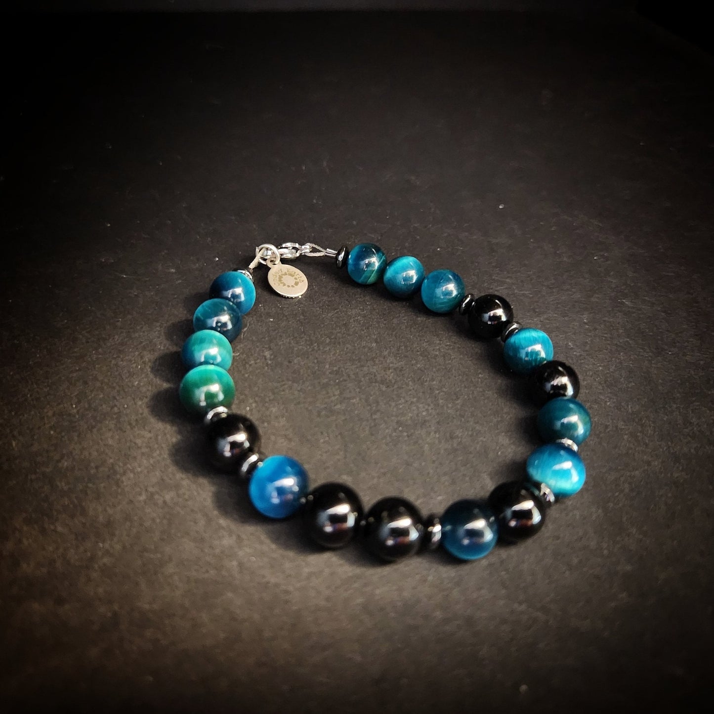 Azure Tiger's Eye and Black Tourmaline Steel Bracelet