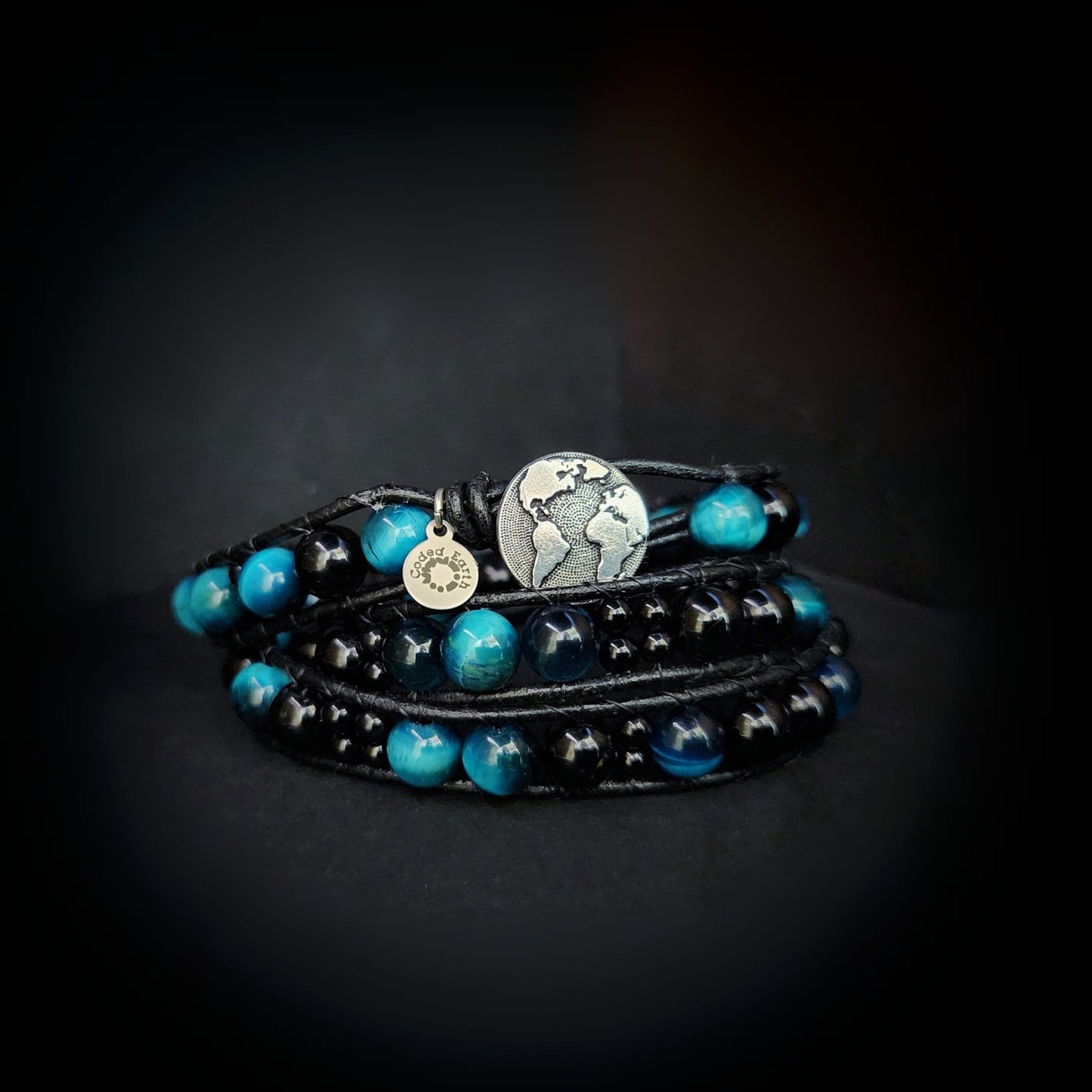 Azure Tiger's Eye & Black Tourmaline Leather Wrap Bracelet