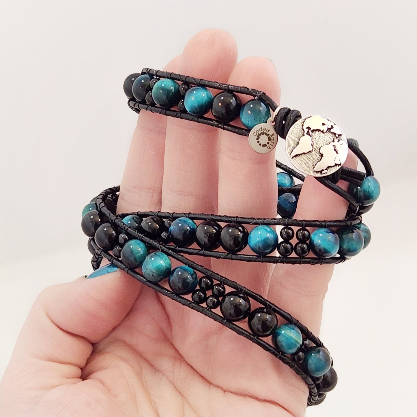 Azure Tiger's Eye & Black Tourmaline Leather Wrap Bracelet