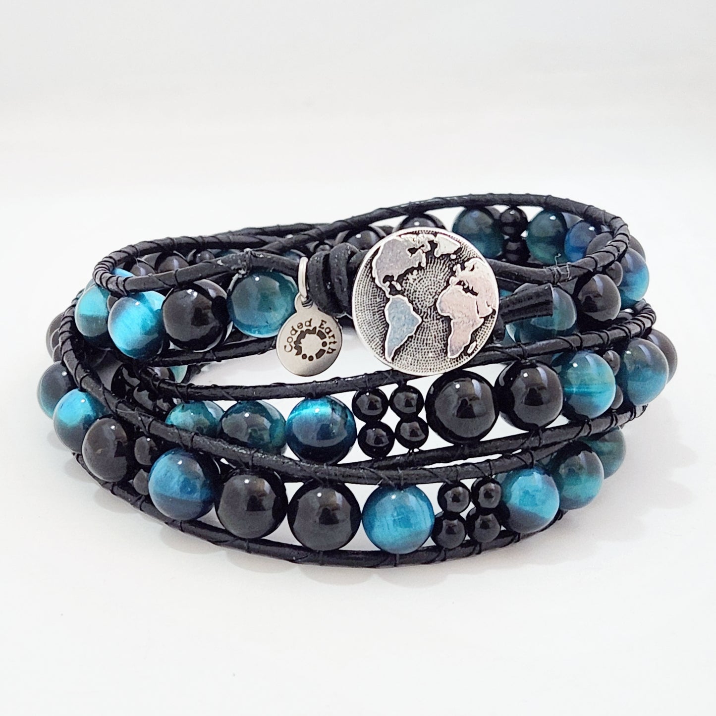 Azure Tiger's Eye & Black Tourmaline Leather Wrap Bracelet