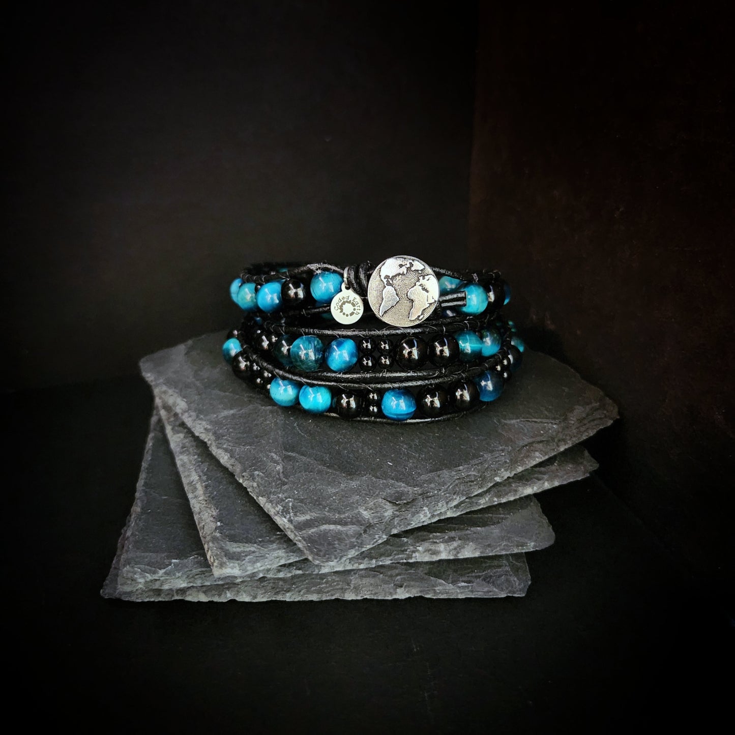 Azure Tiger's Eye & Black Tourmaline Leather Wrap Bracelet