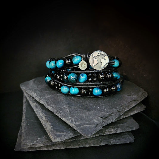 Azure Tiger's Eye & Black Tourmaline Leather Wrap Bracelet